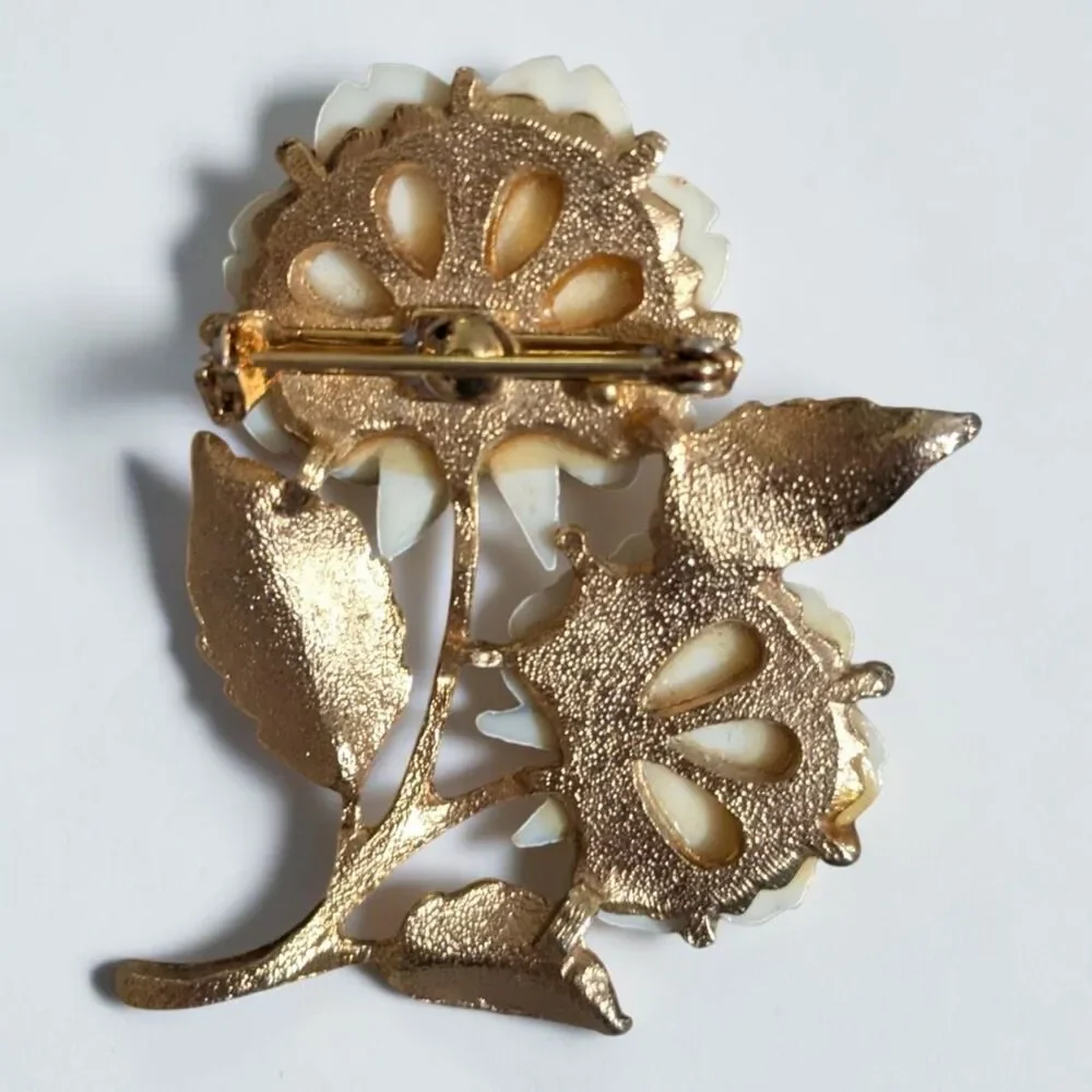 Vintage Style Ivory Rose Brooch, Gold Tone Floral Pin, Cottagecore Jewelry